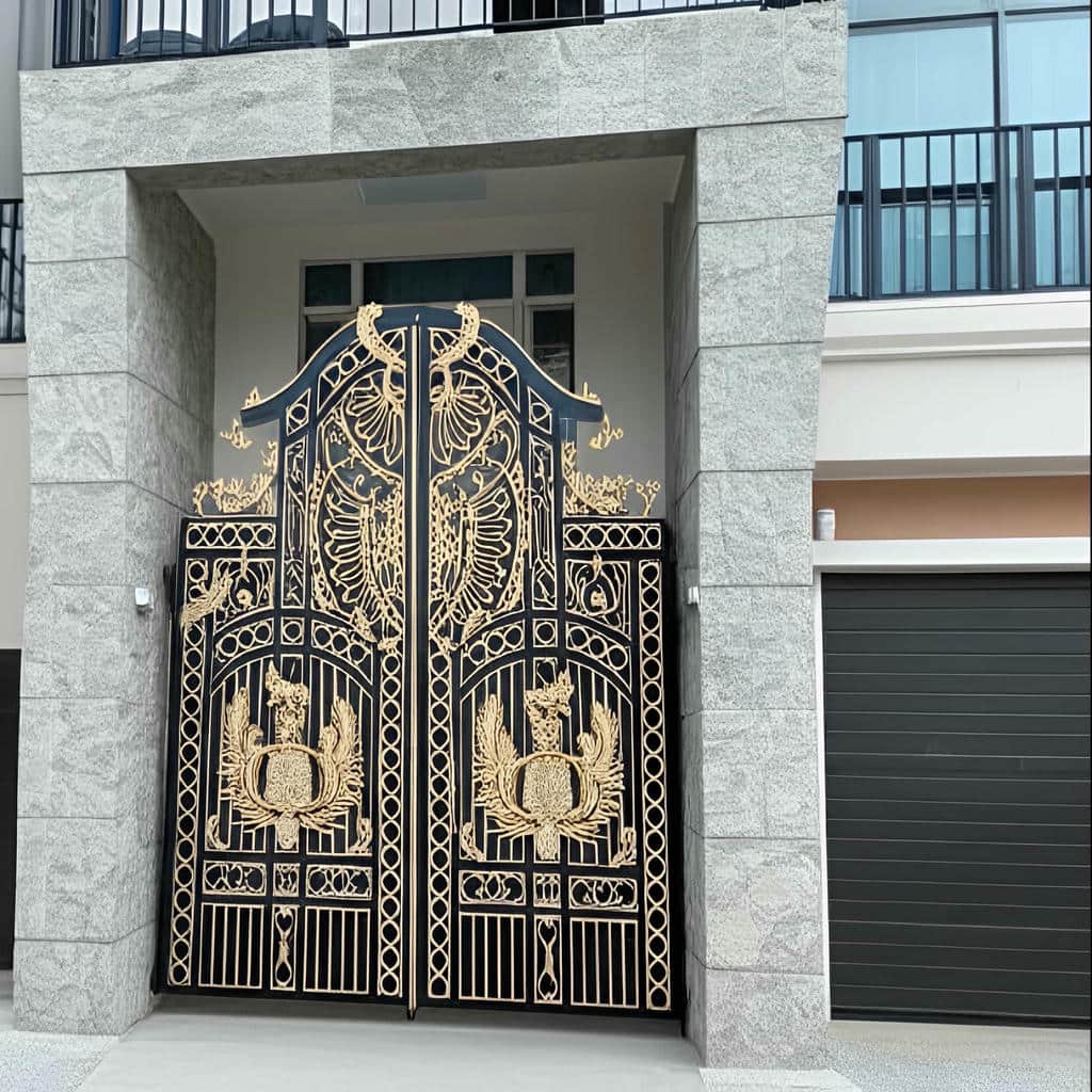 درب پارکینگ عریض دو لنگه با طرح فرفورژه کلاسیک