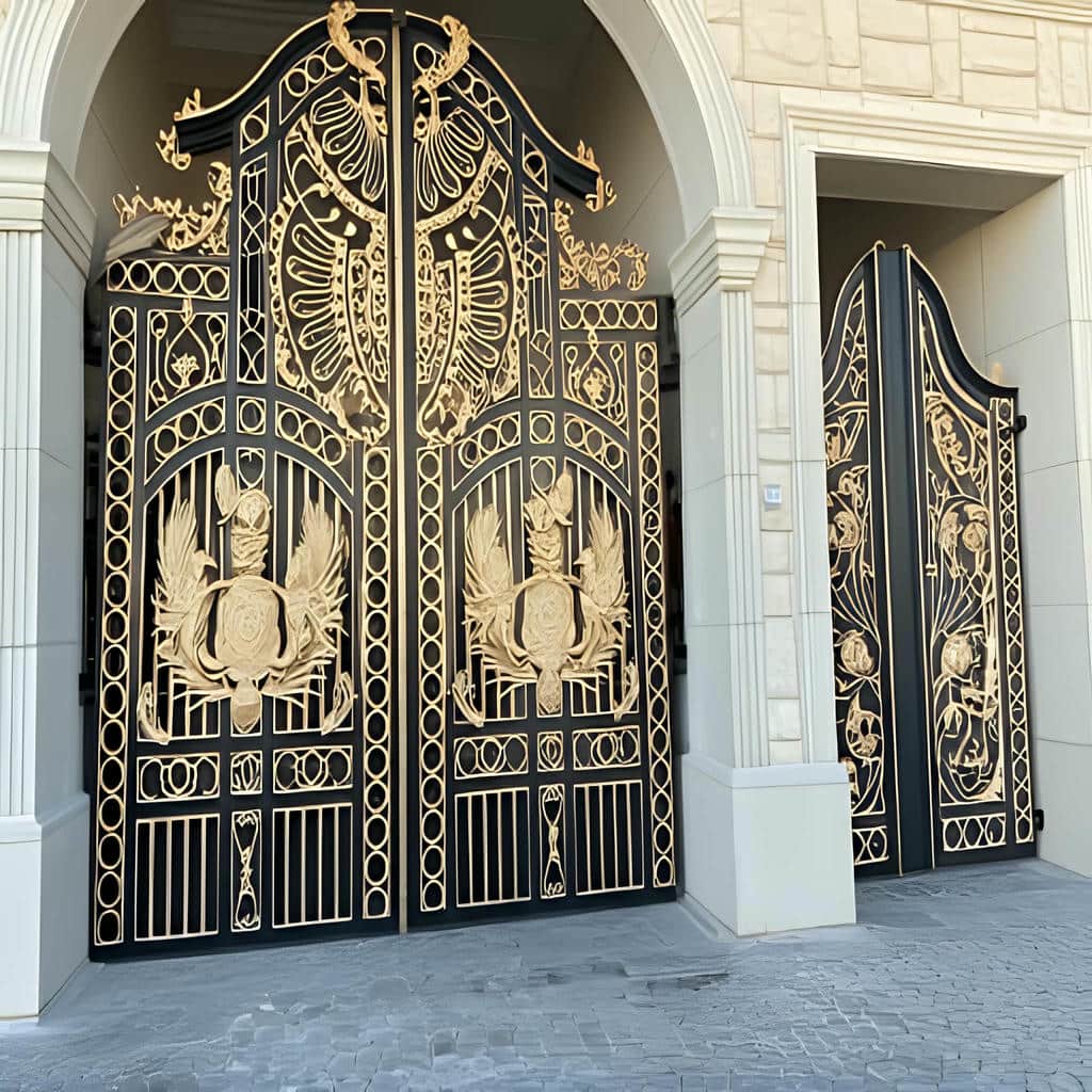 درب حیاط مشکی طلایی با بدنه آهنی پوشیده